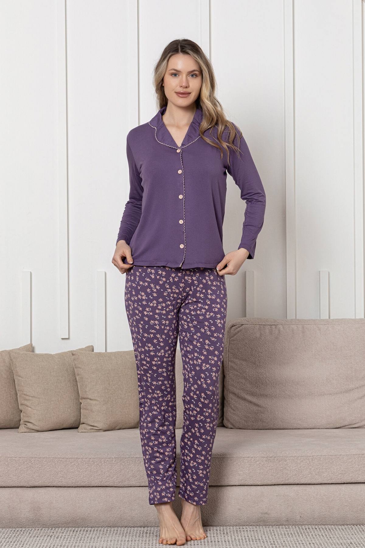 Önden Düğmeli Kadın Pijama Takımı - Mor Uzun Kol Likralı Rink Viskon 2854UY