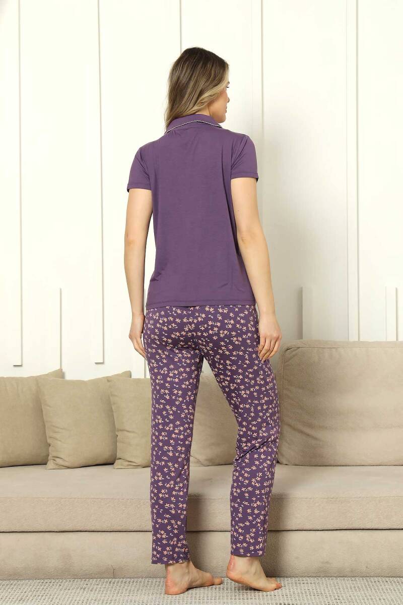 Önden Düğmeli Kadın Pijama Takımı - Mor Kısa Kol Likralı Rink Viskon 2854KY