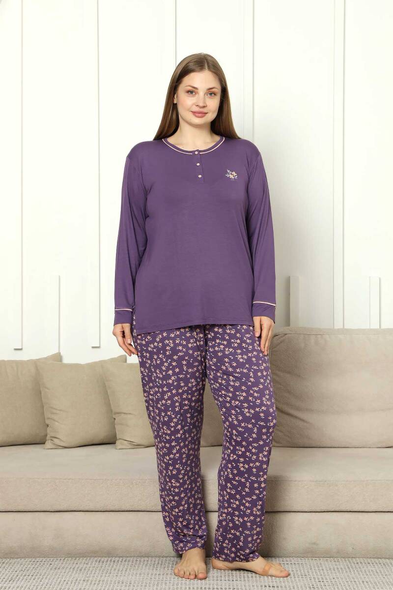 Büyük Beden Bayan Pijama Takımı - Mor Çiçek Desen Uzun Kol Likralı Viskon 2853UYB