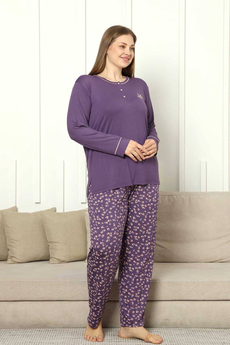 Büyük Beden Bayan Pijama Takımı - Mor Çiçek Desen Uzun Kol Likralı Viskon 2853UYB