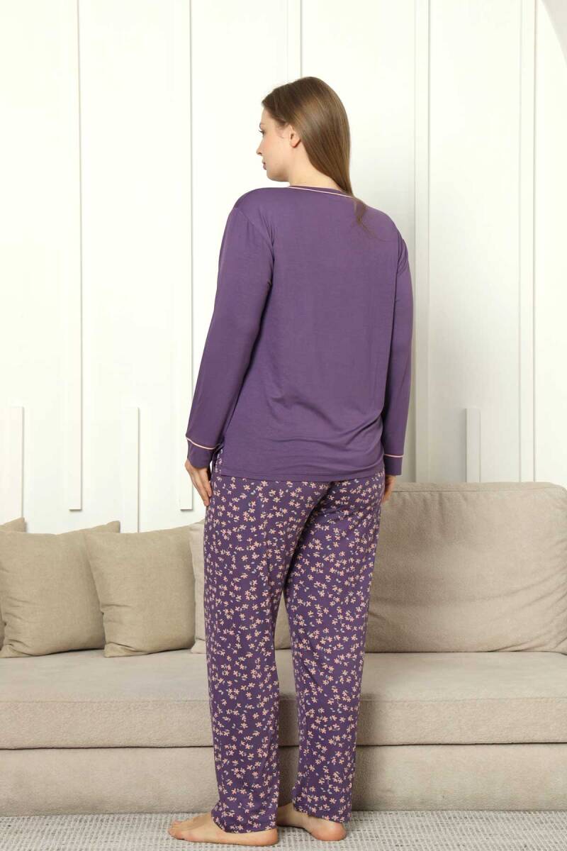Büyük Beden Bayan Pijama Takımı - Mor Çiçek Desen Uzun Kol Likralı Viskon 2853UYB