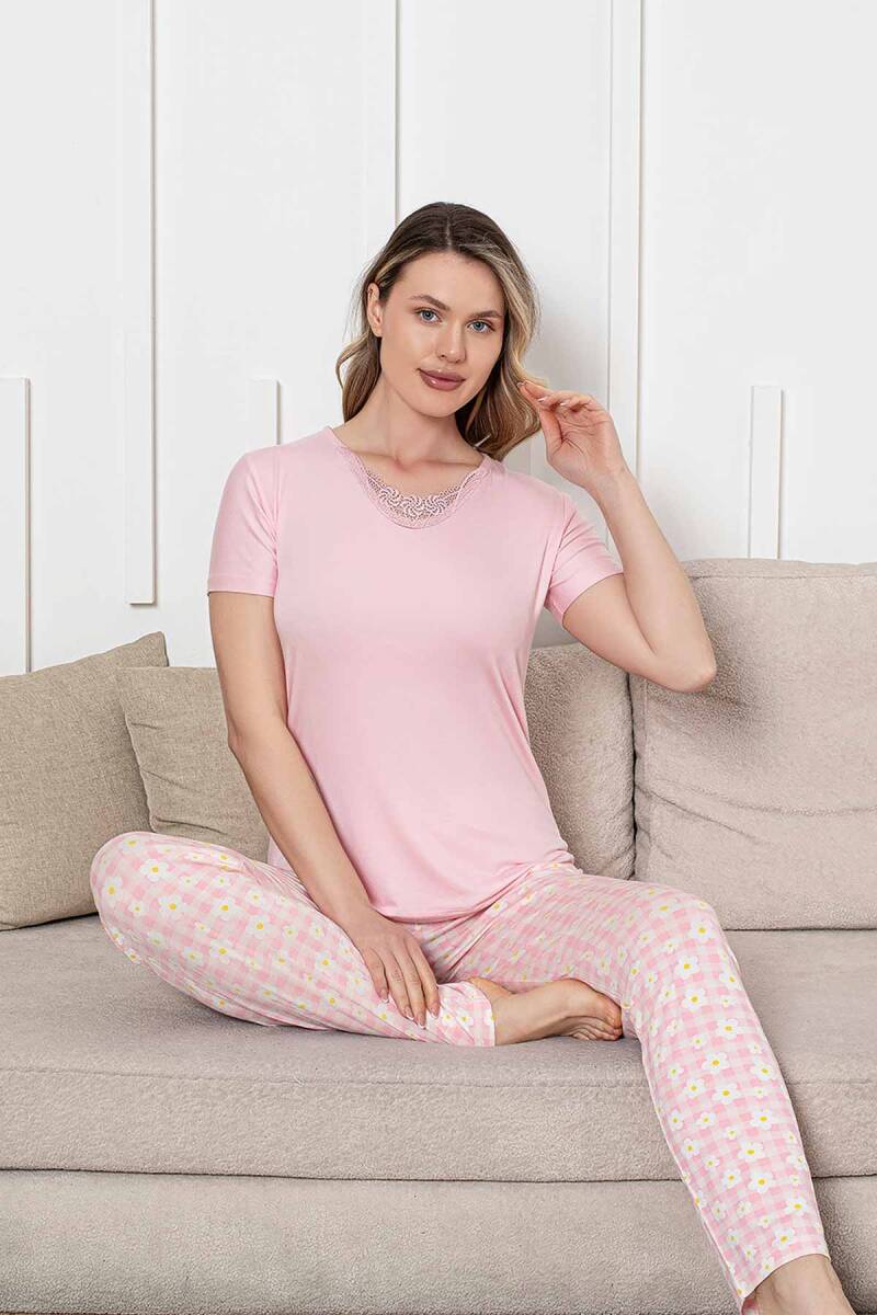 Bayan Pijama Takımı - Pembe Papatya Desen Kısa Kol Likralı Viskon 2852KY