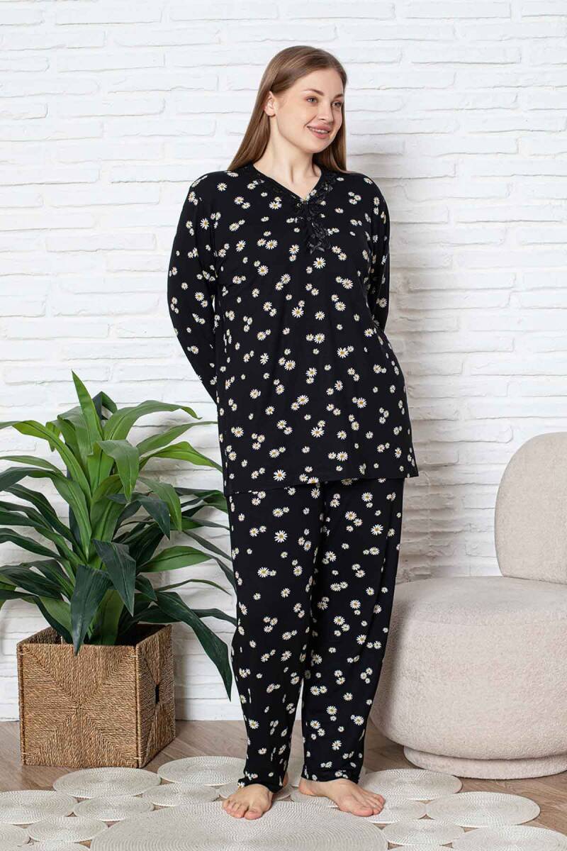 Bayan Büyük Beden Pijama Takımı - Siyah Papatya Desen Uzun Kol Likralı Viskon 2855UYB