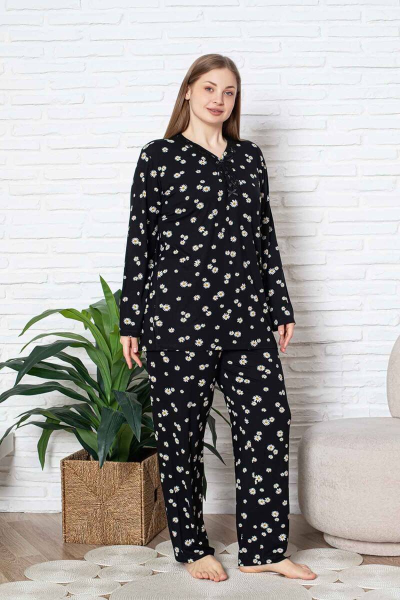 Bayan Büyük Beden Pijama Takımı - Siyah Papatya Desen Uzun Kol Likralı Viskon 2855UYB