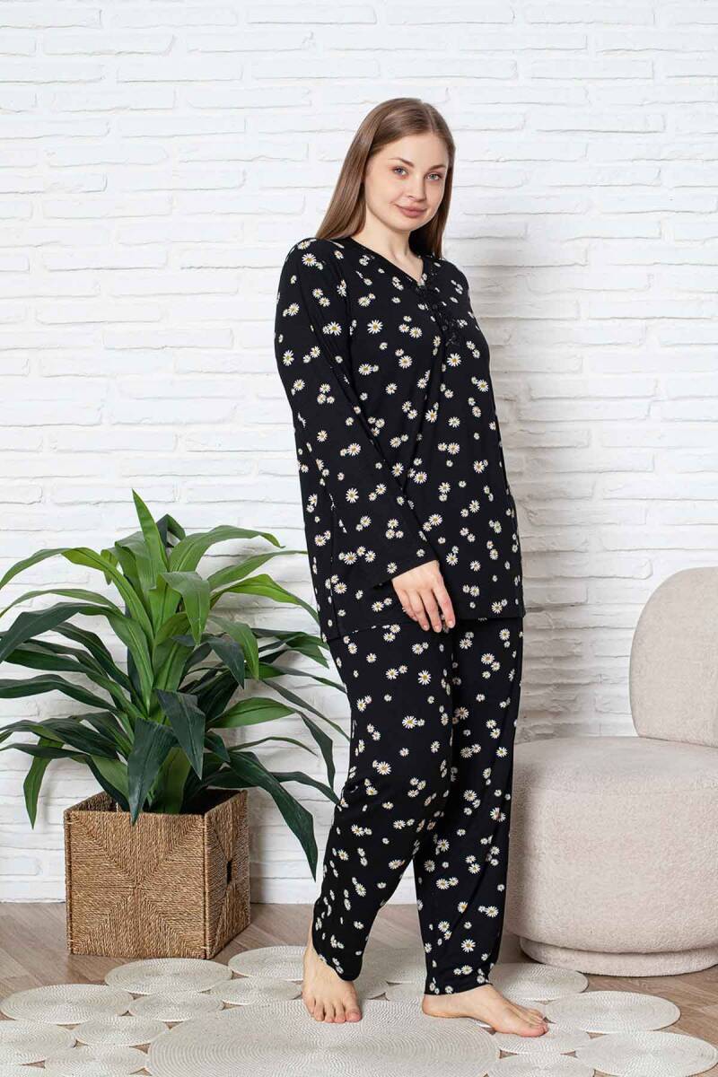 Bayan Büyük Beden Pijama Takımı - Siyah Papatya Desen Uzun Kol Likralı Viskon 2855UYB