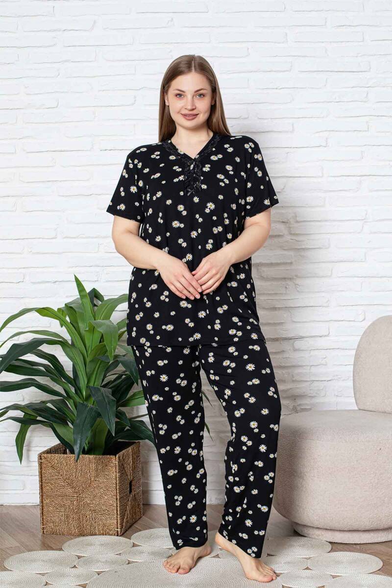 Bayan Büyük Beden Pijama Takımı - Siyah Papatya Desen Kısa Kol Likralı Viskon 2855KYB
