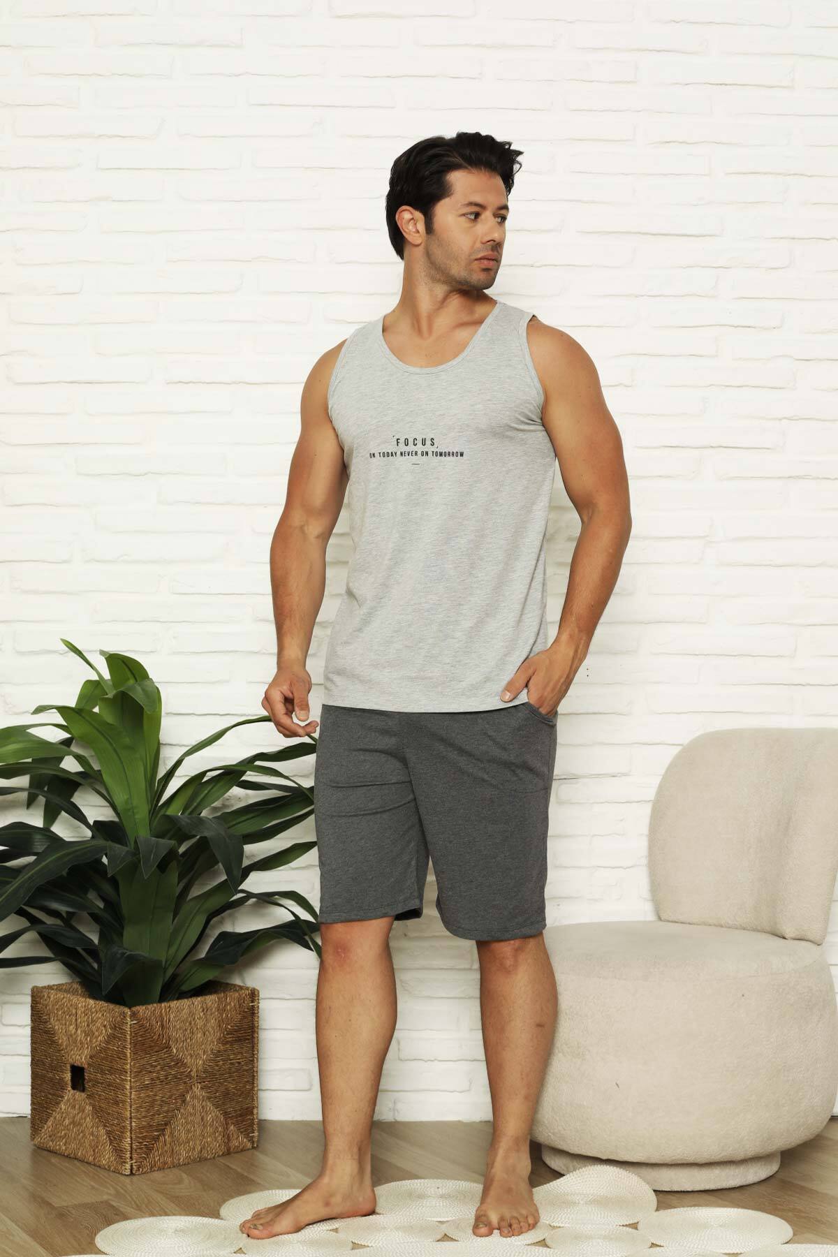 Erkek Şort Takımı - Gri Focus Baskılı Askılı Penye Takım 1070ŞT