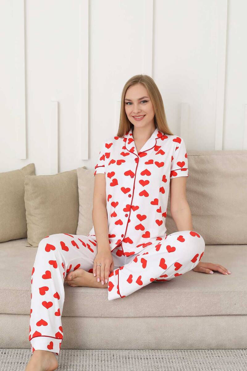 Kalp Desenli Kadın Pijama Takımı - Önden Düğmeli Likralı Kısa Kollu 2860KY