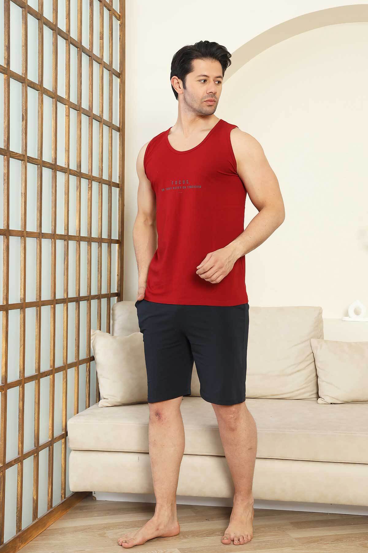 Erkek Şort Takımı - Bordo Focus Baskılı Askılı Penye Takım 1070ŞT