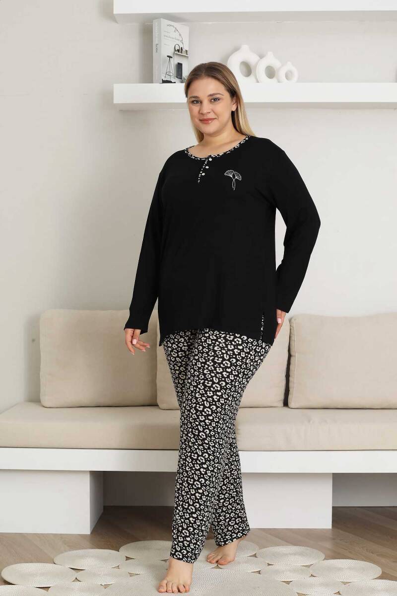 Nakışlı Kadın Pijama Takımı - Siyah Büyük Beden Uzun Kol Likralı Bambu Viskon  2857UYB