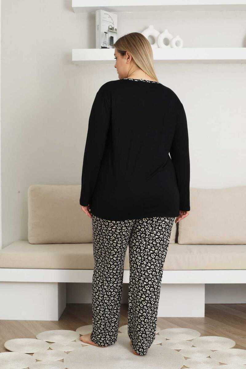 Nakışlı Kadın Pijama Takımı - Siyah Büyük Beden Uzun Kol Likralı Bambu Viskon  2857UYB