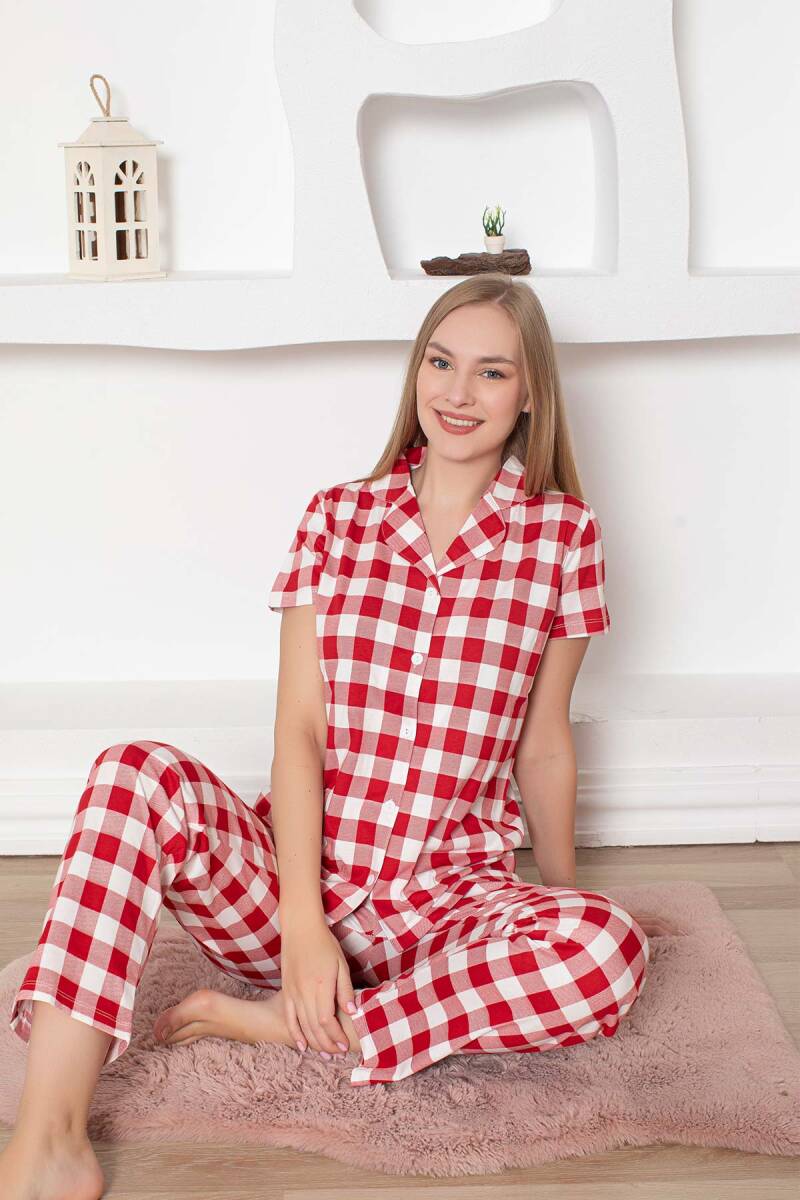 Ekoseli Önden Düğmeli Kadın Pijama Takımı - Kırmızı Kısa Kollu Penye 2793KY