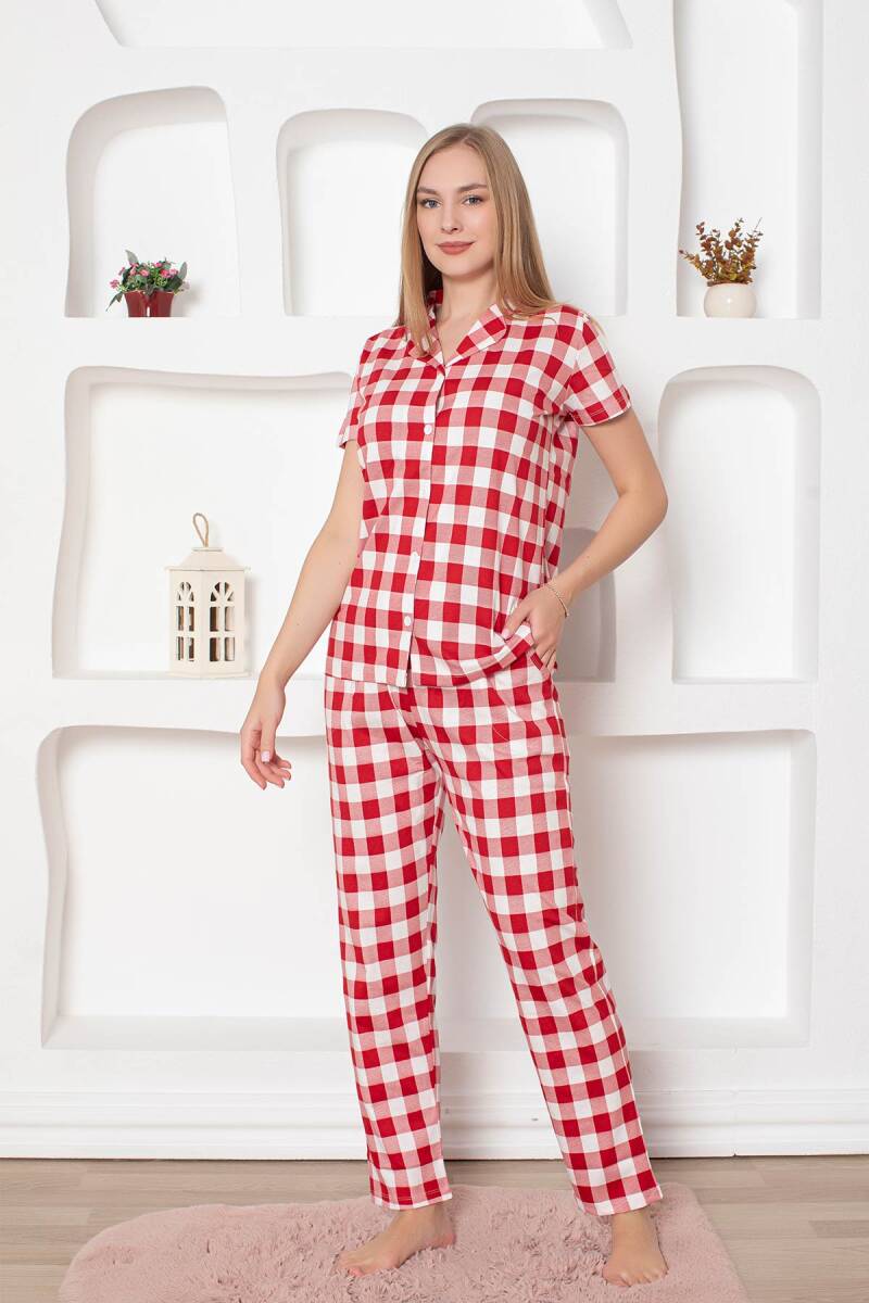 Ekoseli Önden Düğmeli Kadın Pijama Takımı - Kırmızı Kısa Kollu Penye 2793KY