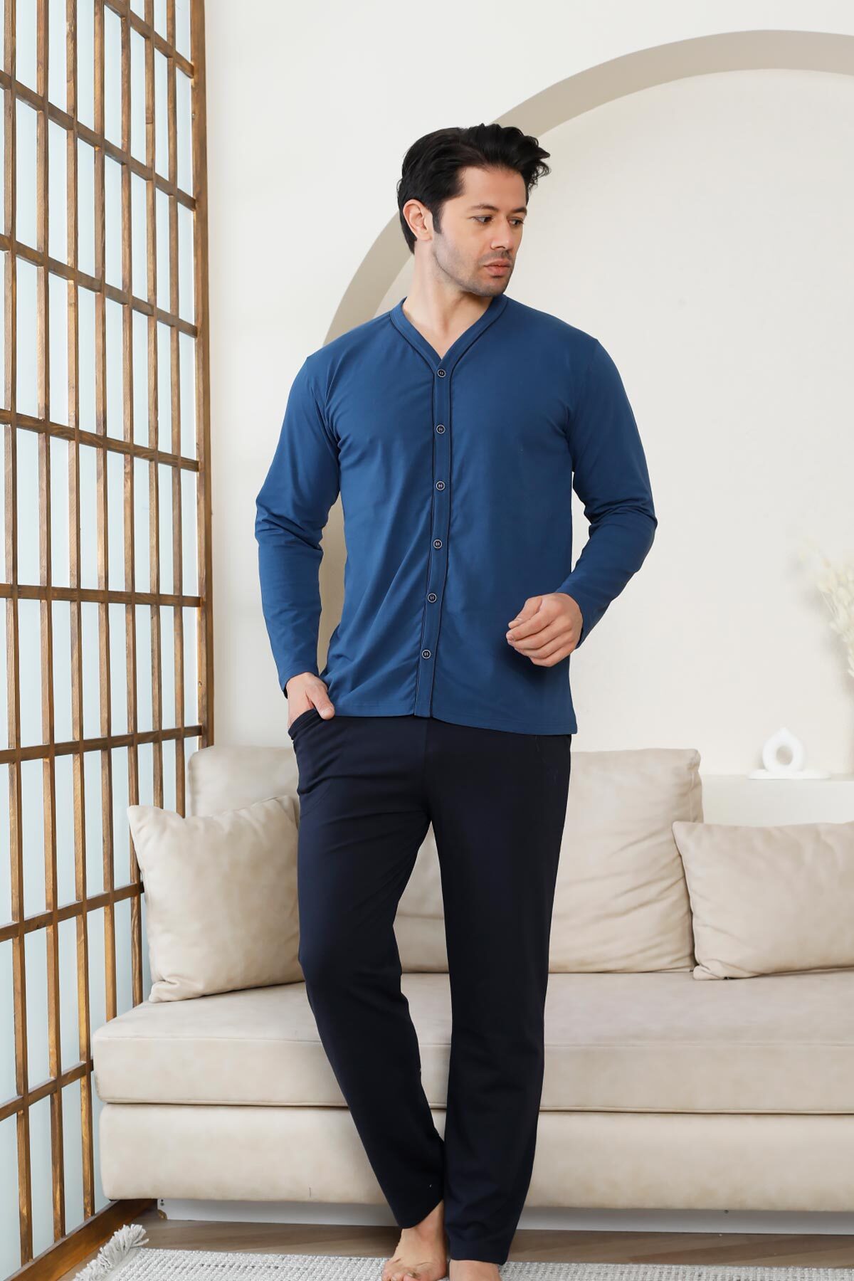 Önden Düğmeli Erkek Pijama Takımı -İndigo Uzun Kol Likralı Pamuk 1214UY