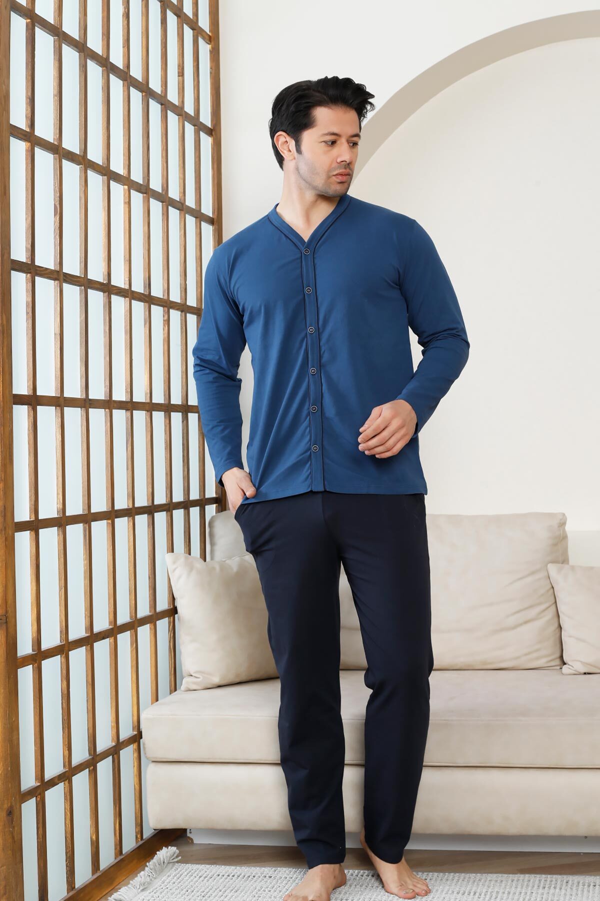 Önden Düğmeli Erkek Pijama Takımı -İndigo Uzun Kol Likralı Pamuk 1214UY