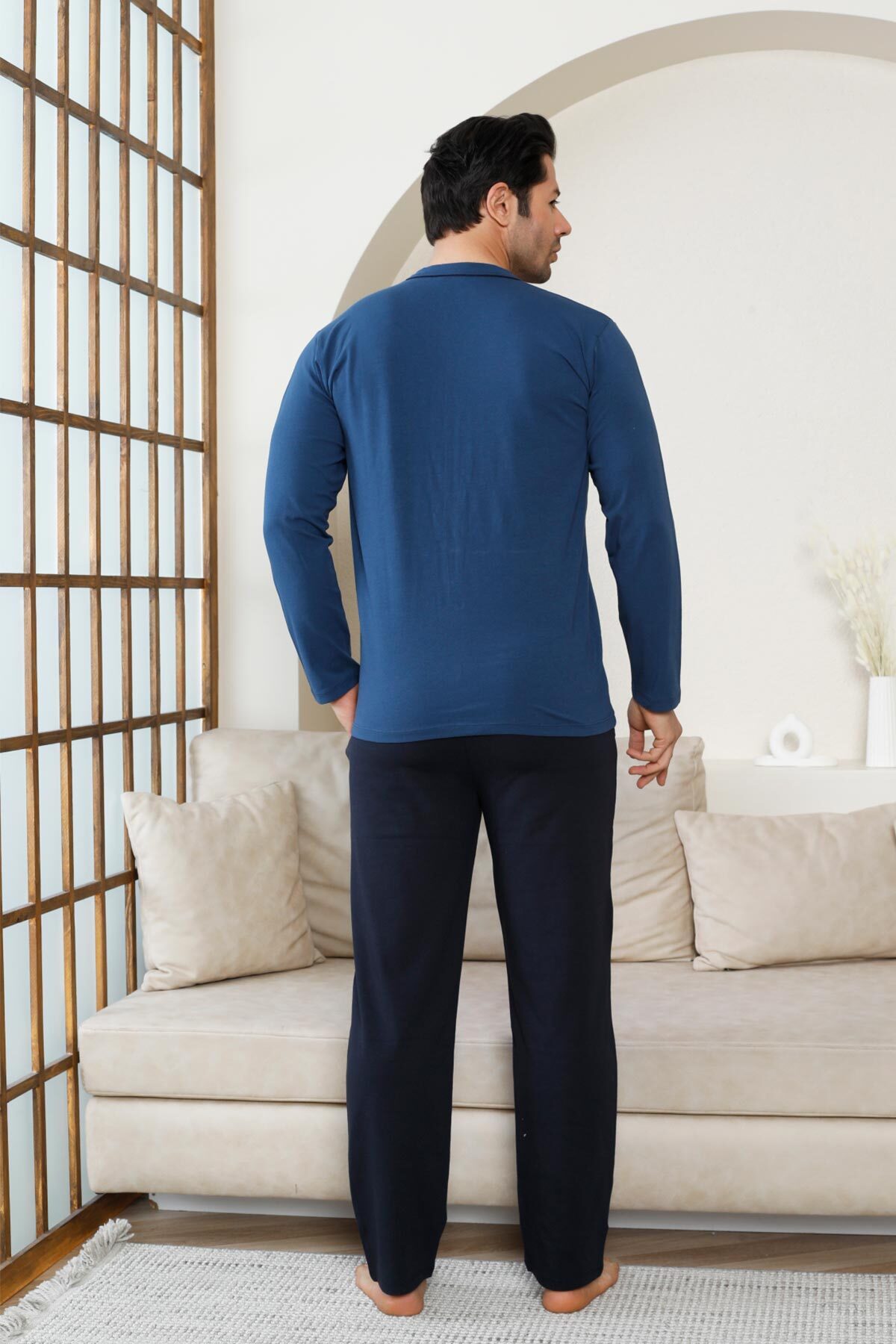 Önden Düğmeli Erkek Pijama Takımı -İndigo Uzun Kol Likralı Pamuk 1214UY