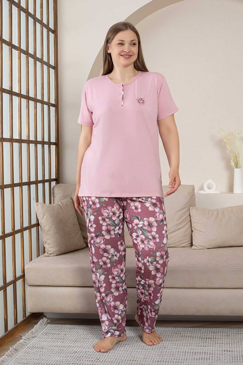 Büyük Beden Bayan Pijama Takımı - Gülkurusu Çiçek Desen Kısa Kol Likralı Penye 2859KYB