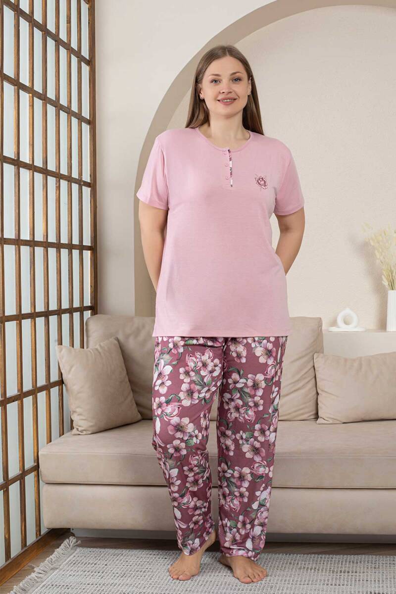 Büyük Beden Bayan Pijama Takımı - Gülkurusu Çiçek Desen Kısa Kol Likralı Penye 2859KYB