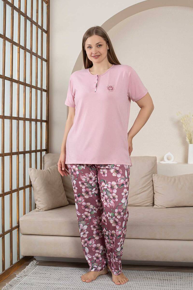 Büyük Beden Bayan Pijama Takımı - Gülkurusu Çiçek Desen Kısa Kol Likralı Penye 2859KYB