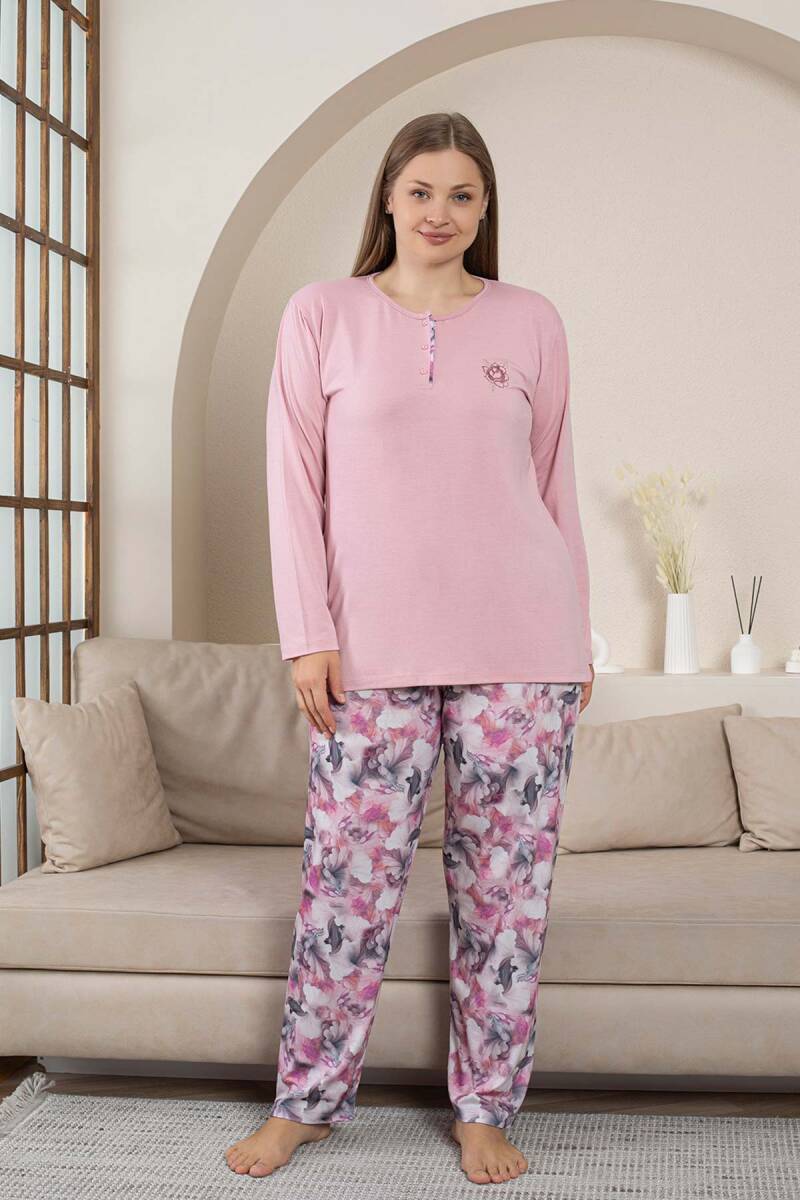 Büyük Beden Bayan Pijama Takımı - Gülkurusu Çiçek Desen Uzun Kol Likralı Penye 2859UYB
