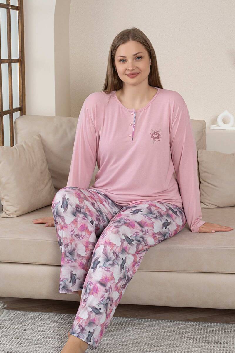 Büyük Beden Bayan Pijama Takımı - Gülkurusu Çiçek Desen Uzun Kol Likralı Penye 2859UYB
