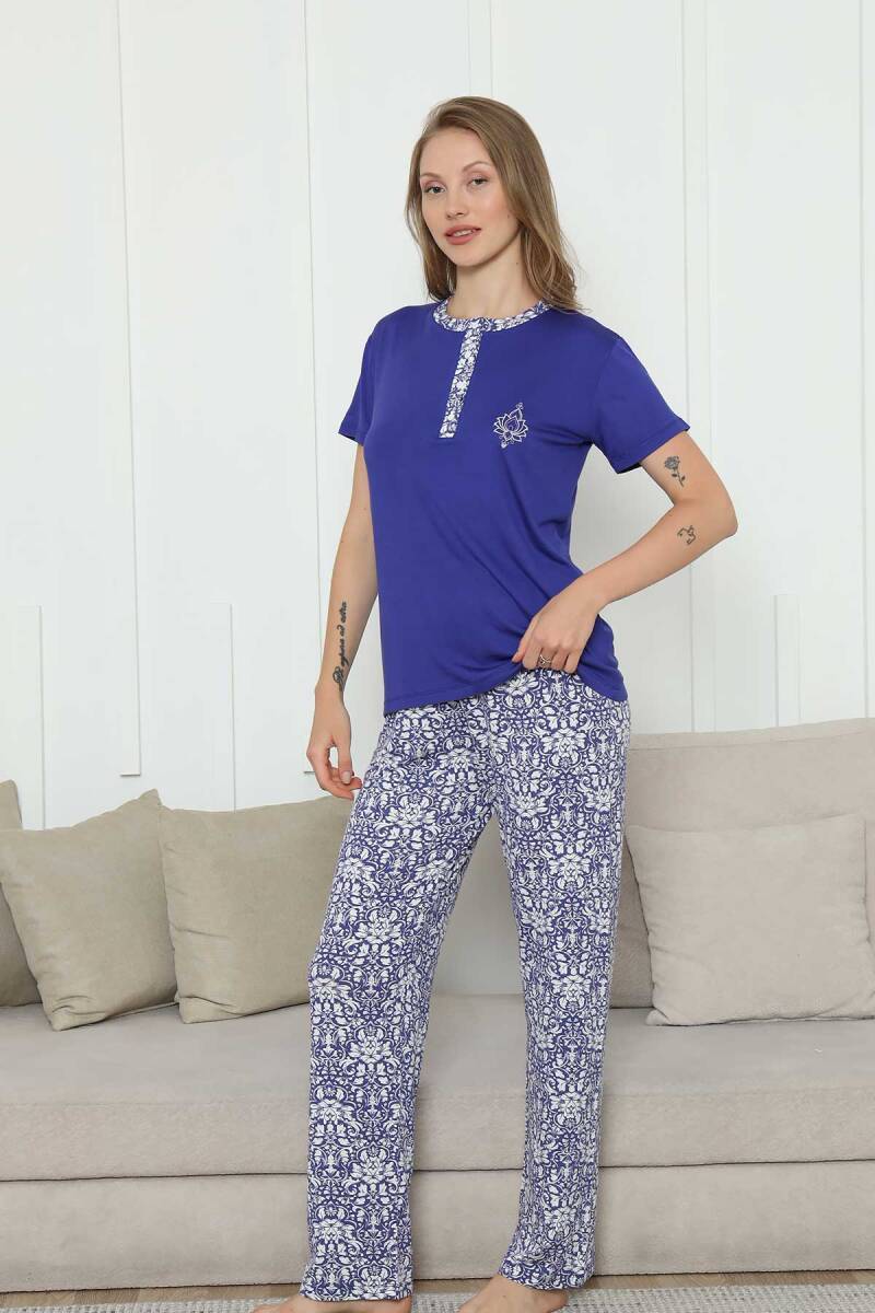 Nakışlı Kadın Pijama Takımı -Saks Mavi Etnik Desenli Kısa Kol Likralı Rink Viskon 2865KY