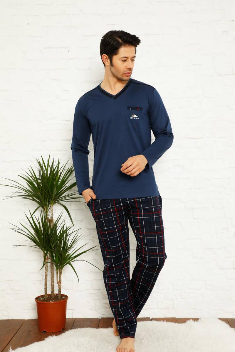 Koyu İndigo Ekoseli Uzun Kollu Erkek Pijama Takımı 1167UY