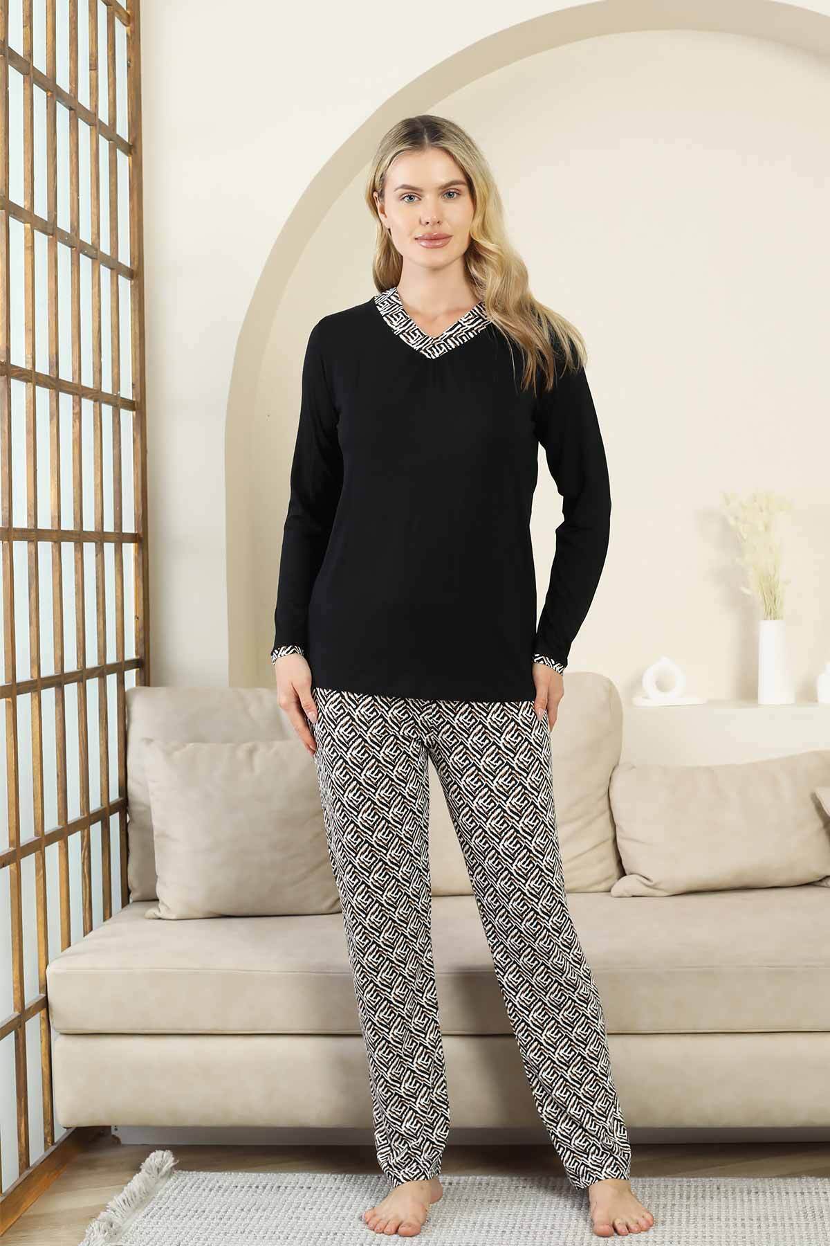 Etnik Desenli Kadın Pijama Takımı - Siyah V Yaka Uzun Kollu Bambu Likralı 2866UY