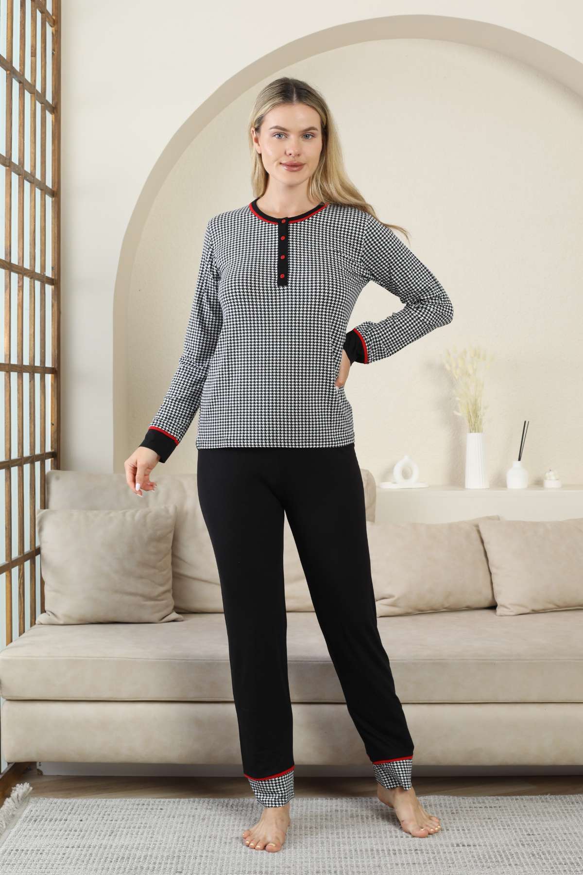 Kaz Ayağı Desenli Kadın Pijama Takımı - Siyah Kısa Kollu Likralı Rink Viskon 2869KY