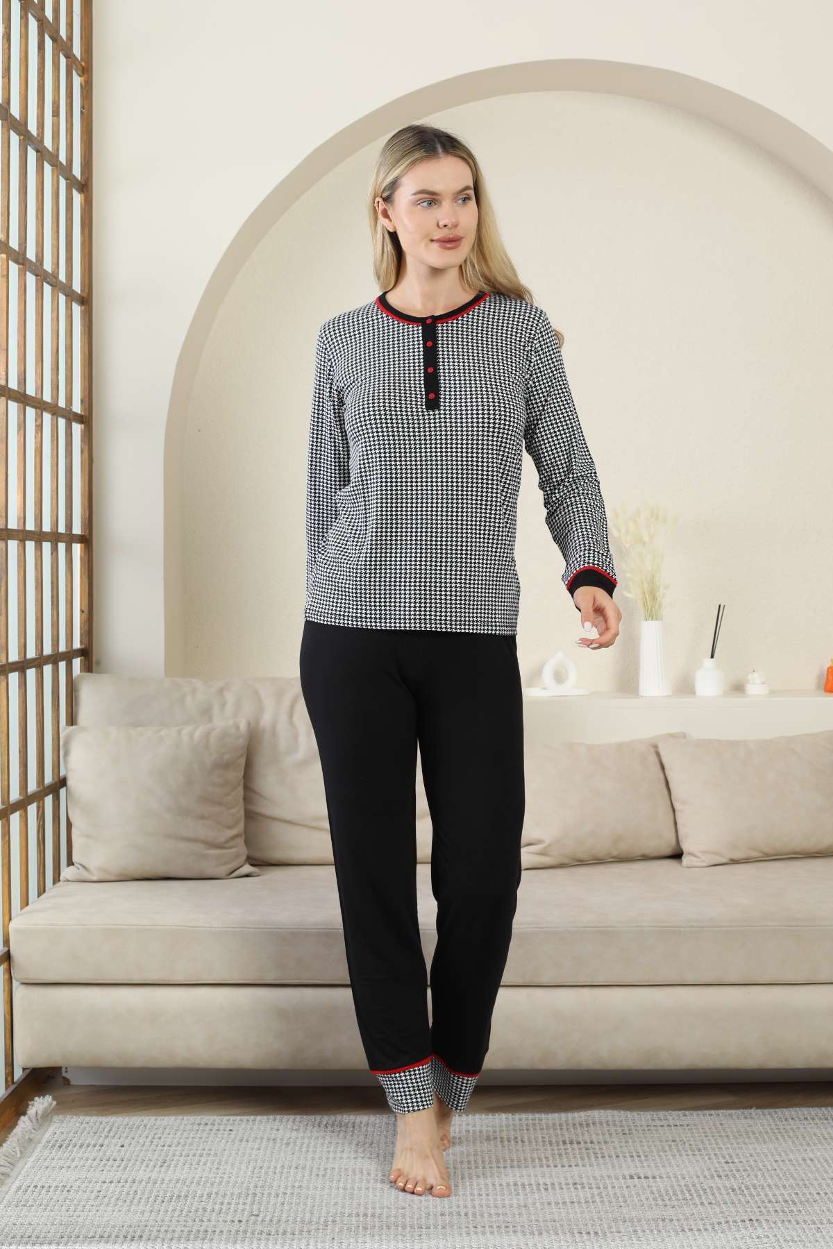 Kaz Ayağı Desenli Kadın Pijama Takımı - Siyah Kısa Kollu Likralı Rink Viskon 2869KY