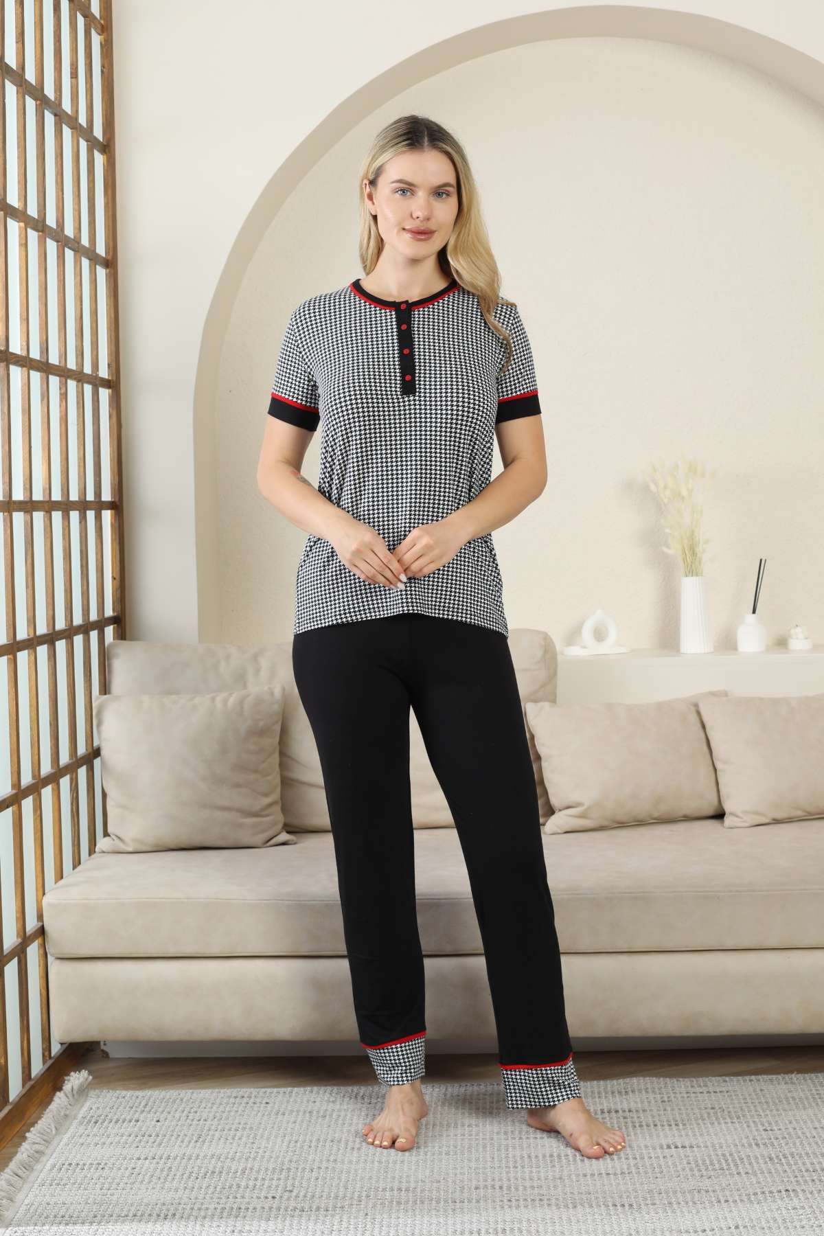 Kaz Ayağı Desenli Kadın Pijama Takımı - Siyah Kısa Kollu Likralı Rink Viskon 2869KY
