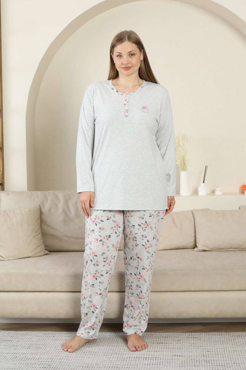 Büyük Beden Bayan Pijama Takımı - Gri Çiçek Desen Uzun Kol Likralı Viskon 2875UYB