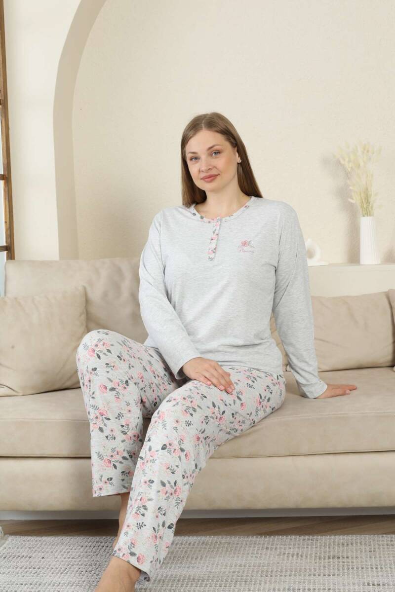 Büyük Beden Bayan Pijama Takımı - Gri Çiçek Desen Uzun Kol Likralı Viskon 2875UYB