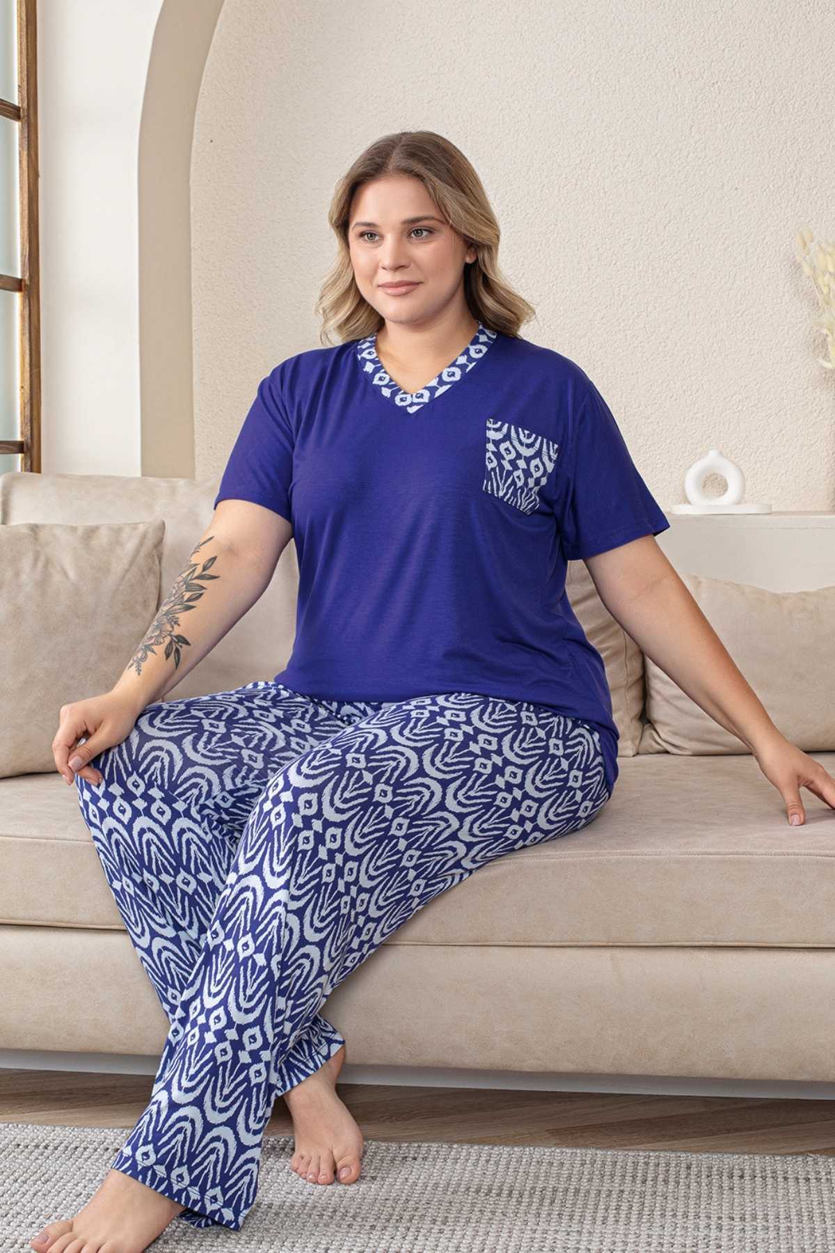 Büyük Beden Kadın Pijama Takımı - Saks Mavi V Yaka Kısa Kollu Likralı Kumaş 2824KYB