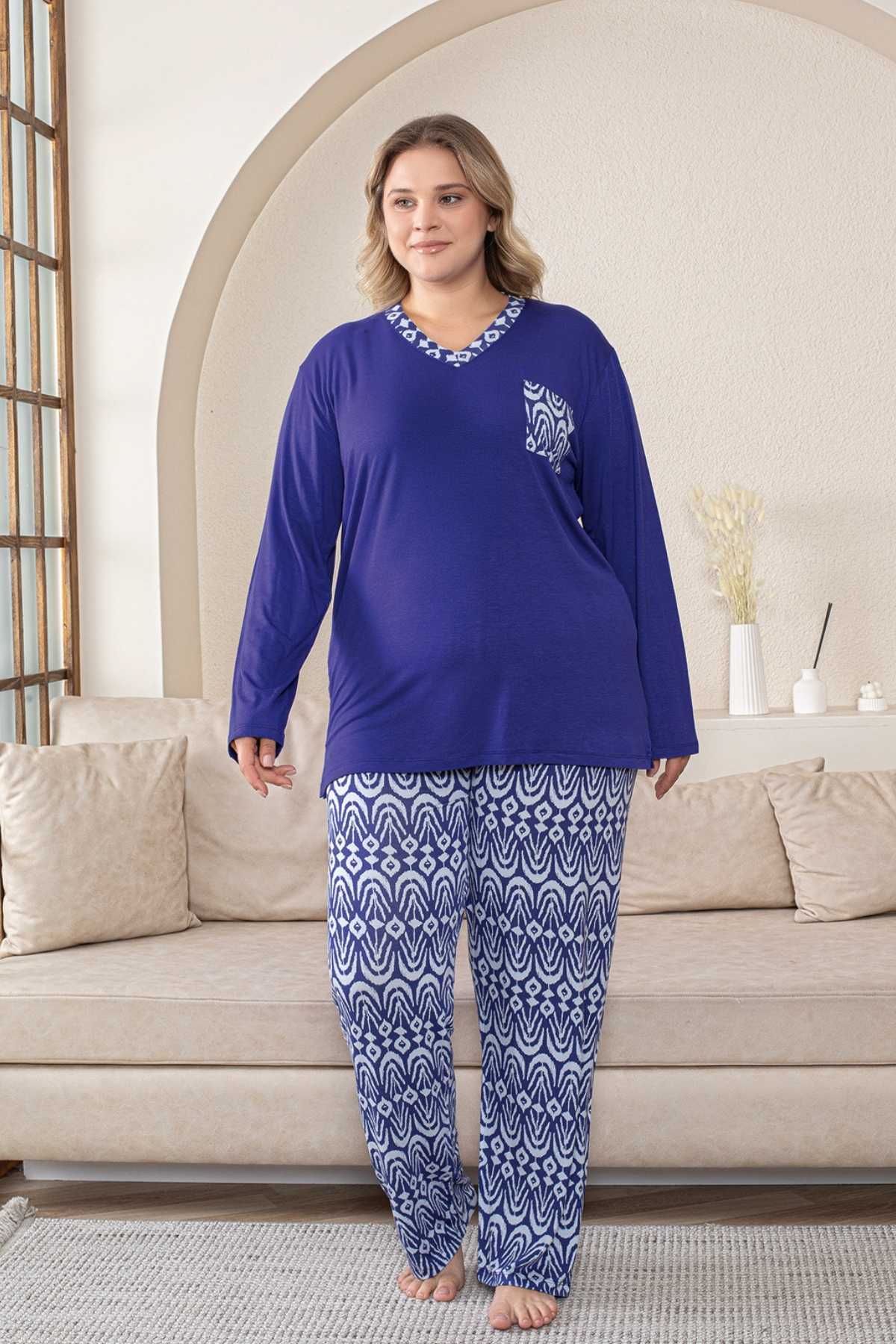 Büyük Beden Kadın Pijama Takımı - Saks Mavi V Yaka Uzun Kollu Likralı Kumaş 2824UYB