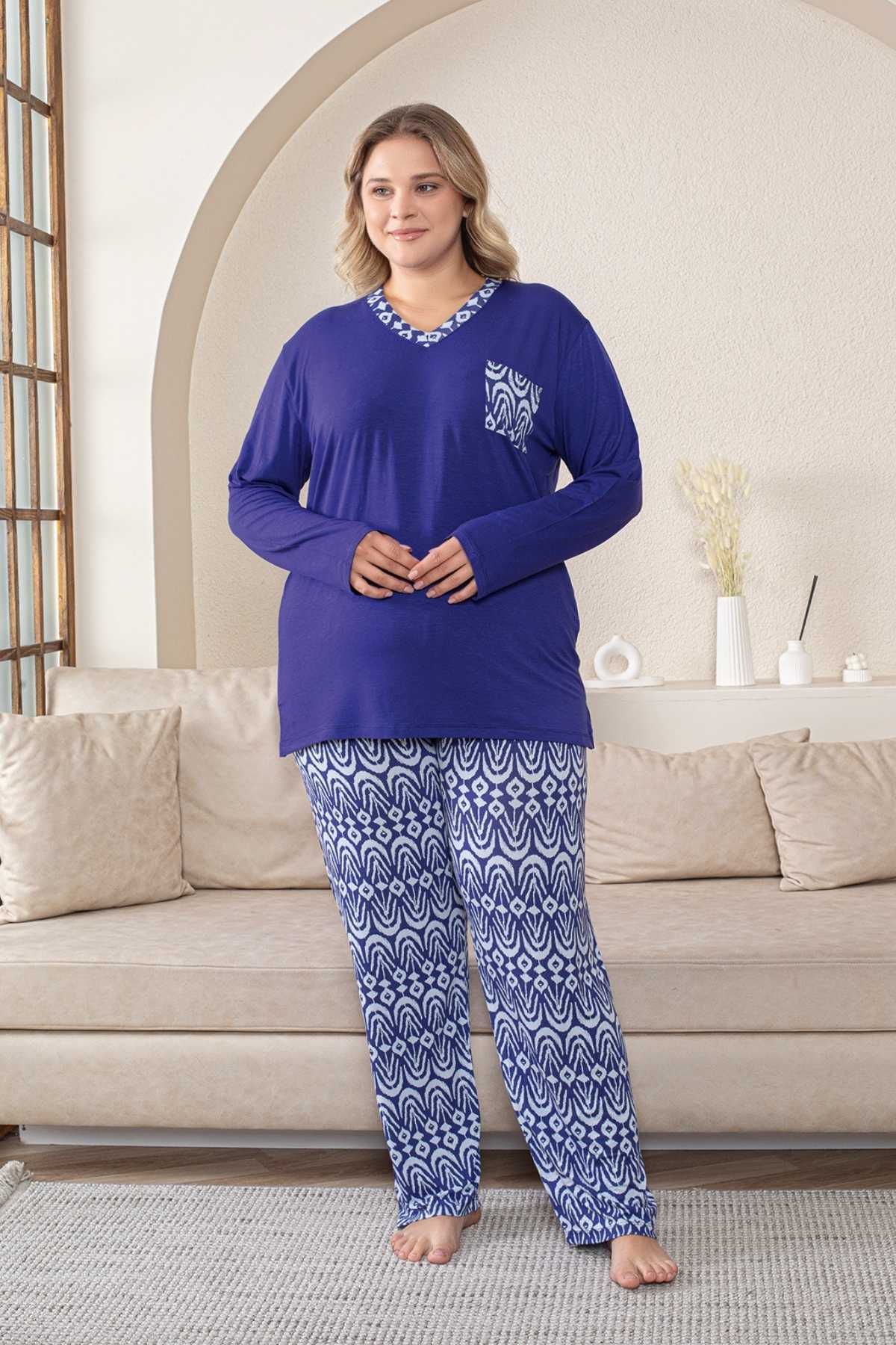 Büyük Beden Kadın Pijama Takımı - Saks Mavi V Yaka Uzun Kollu Likralı Kumaş 2824UYB