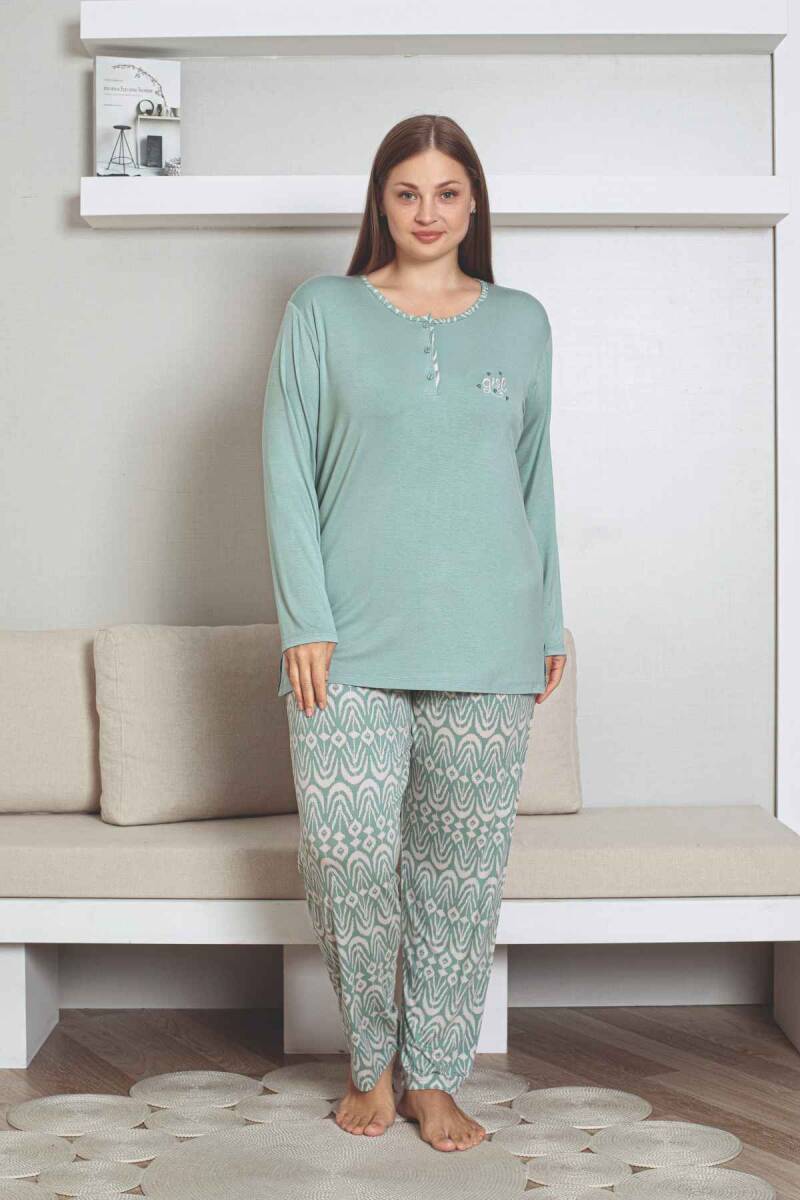 Büyük Beden Etnik Desenli Kadın Pijama Takımı - Yeşil Nakışlı Uzun Kollu Likralı Kumaş 2878UYB