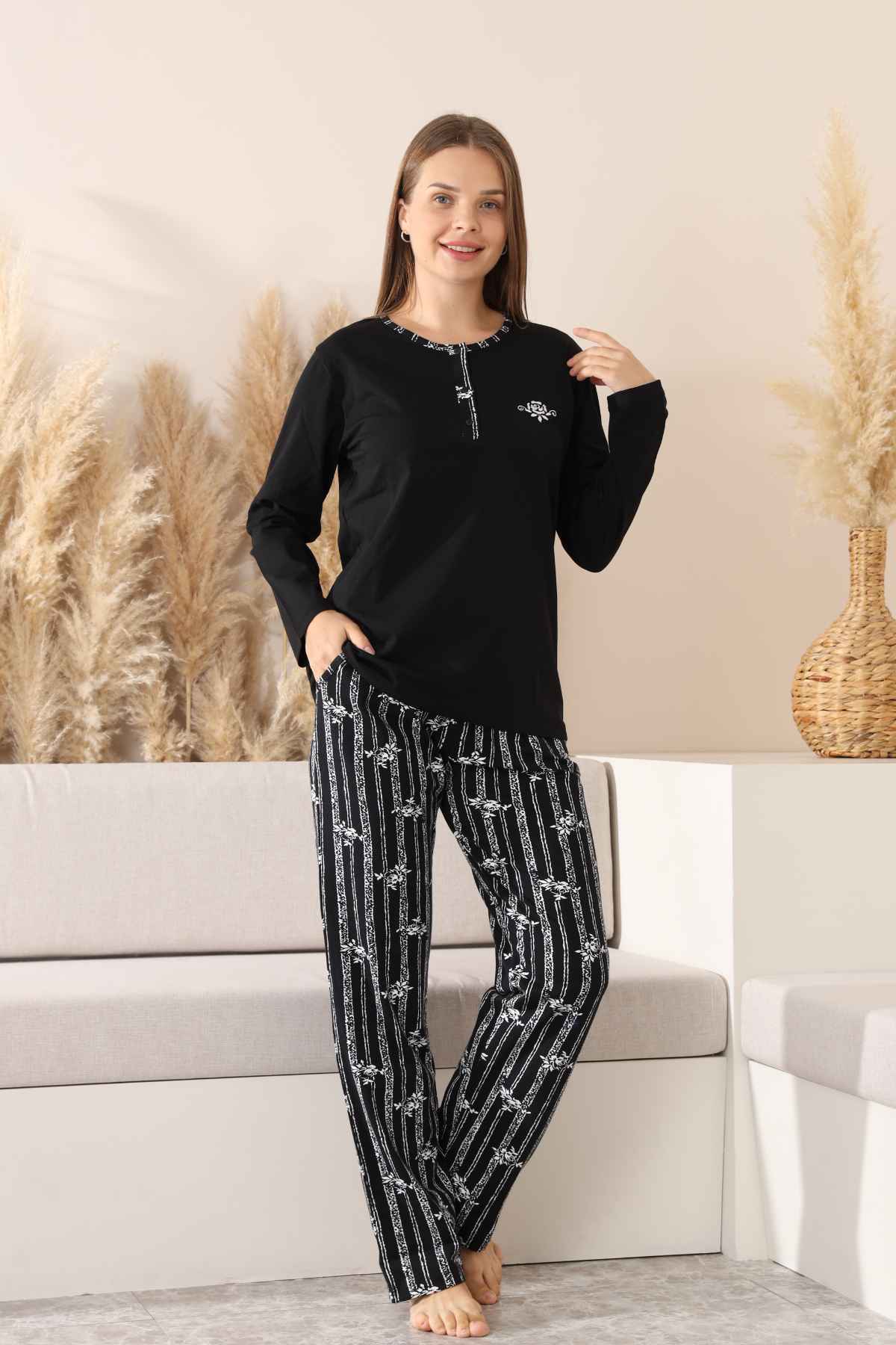 Çizgili Kadın Pijama Takımı - Siyah Nakışlı Uzun Kollu Likralı Pamuk 2883UK