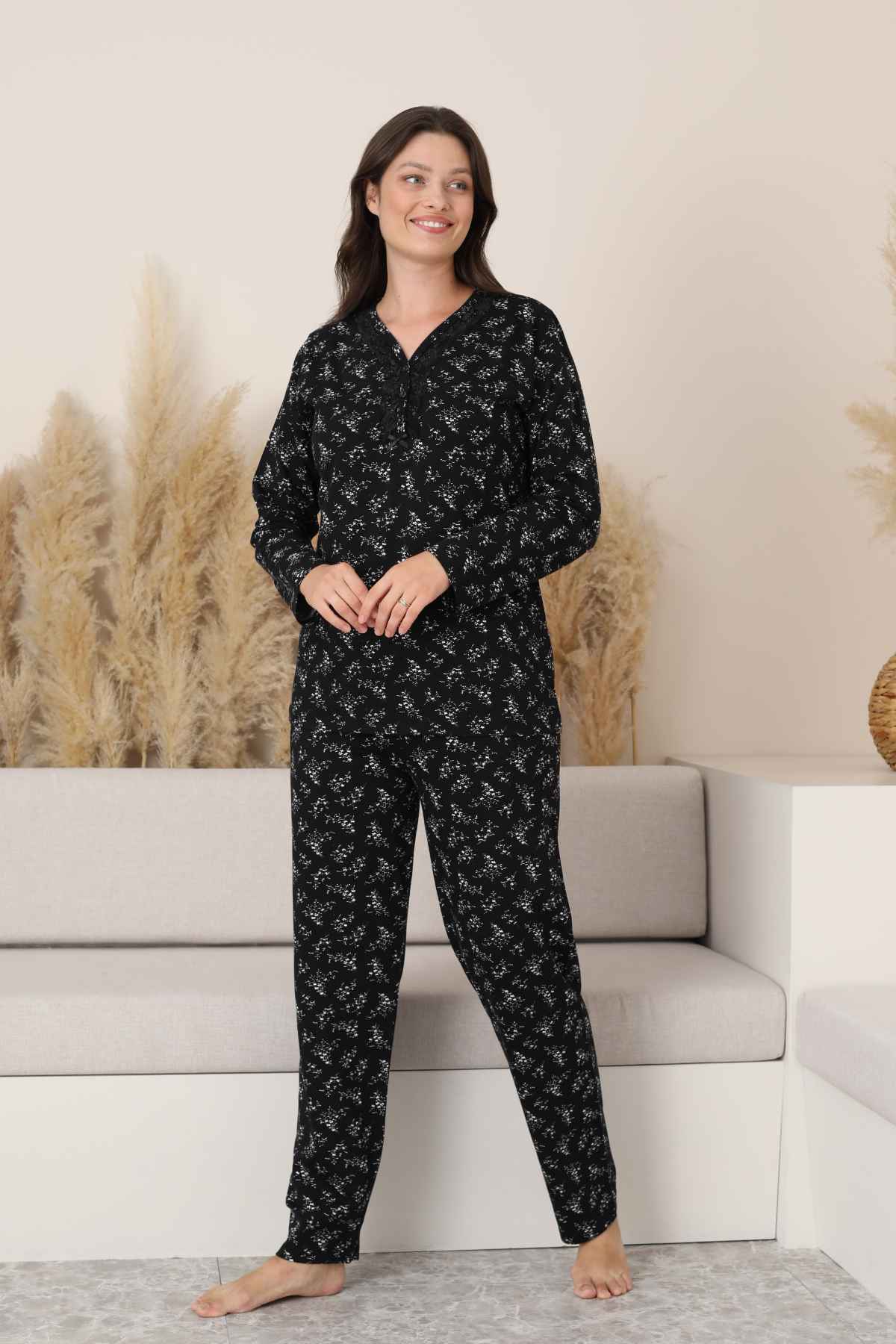 Kadın Pijama Takımı - Siyah Çiçek Desen Uzun Kollu Likralı Pamuk 2882UK