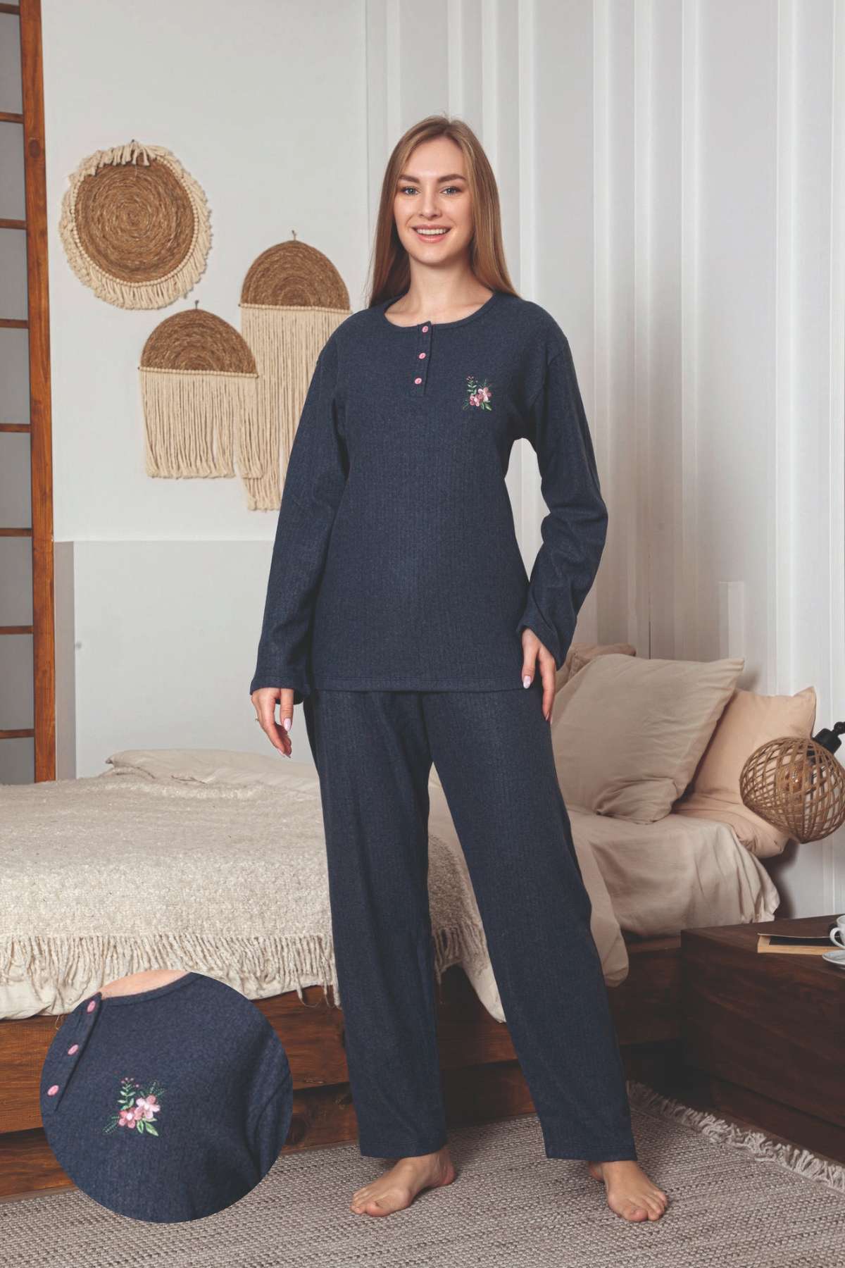 Çizgili Desenli Kadın Pijama Takımı - İndigo Nakışlı Detaylı Kışlık Penye 034UK