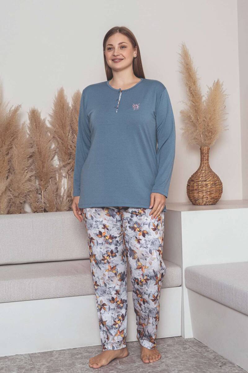 Büyük Beden Bayan Pijama Takımı - İndigo Çiçek Desen Uzun Kol Likralı Viskon 2859UYB