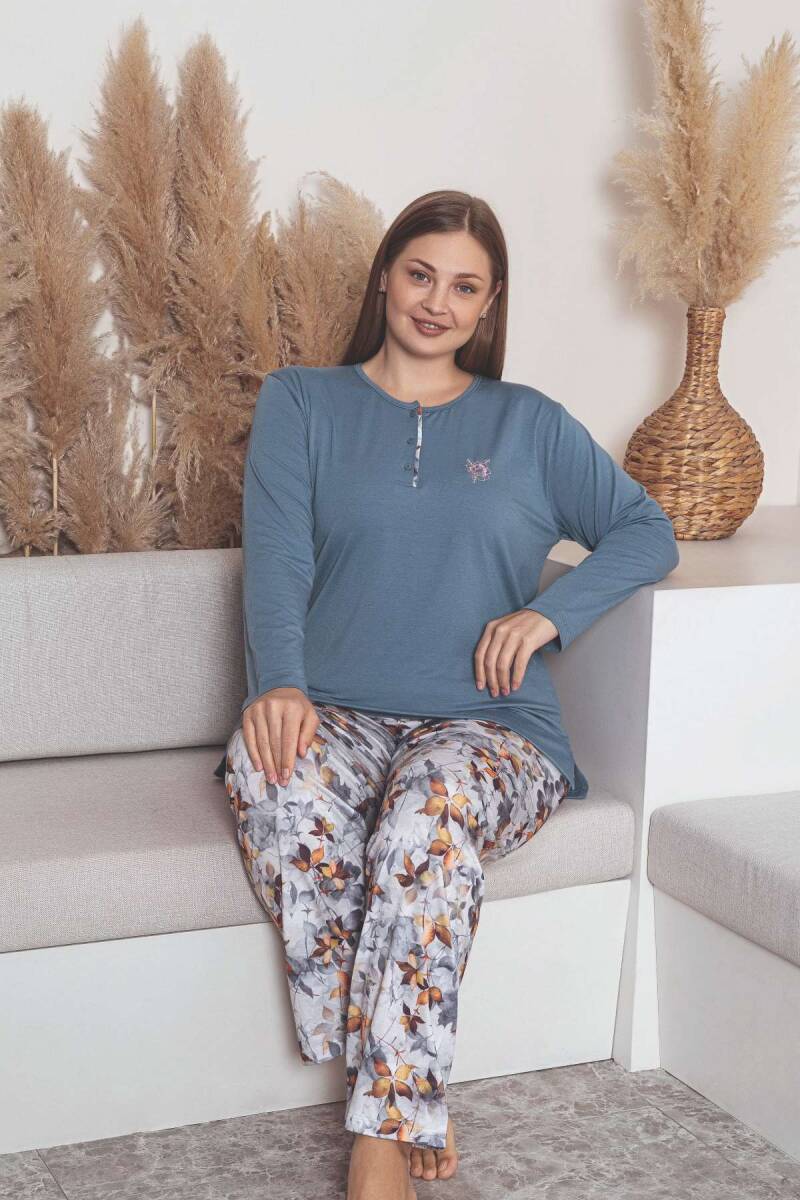 Büyük Beden Bayan Pijama Takımı - İndigo Çiçek Desen Uzun Kol Likralı Viskon 2859UYB