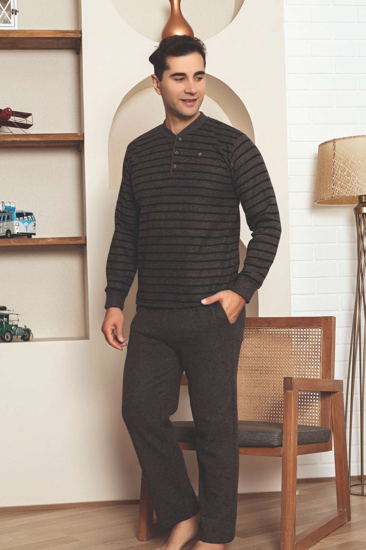 Erkek Eşofman Pijama Takımı - Kahverengi Kışlık Şardonlu Selanik Kumaş 1220UK