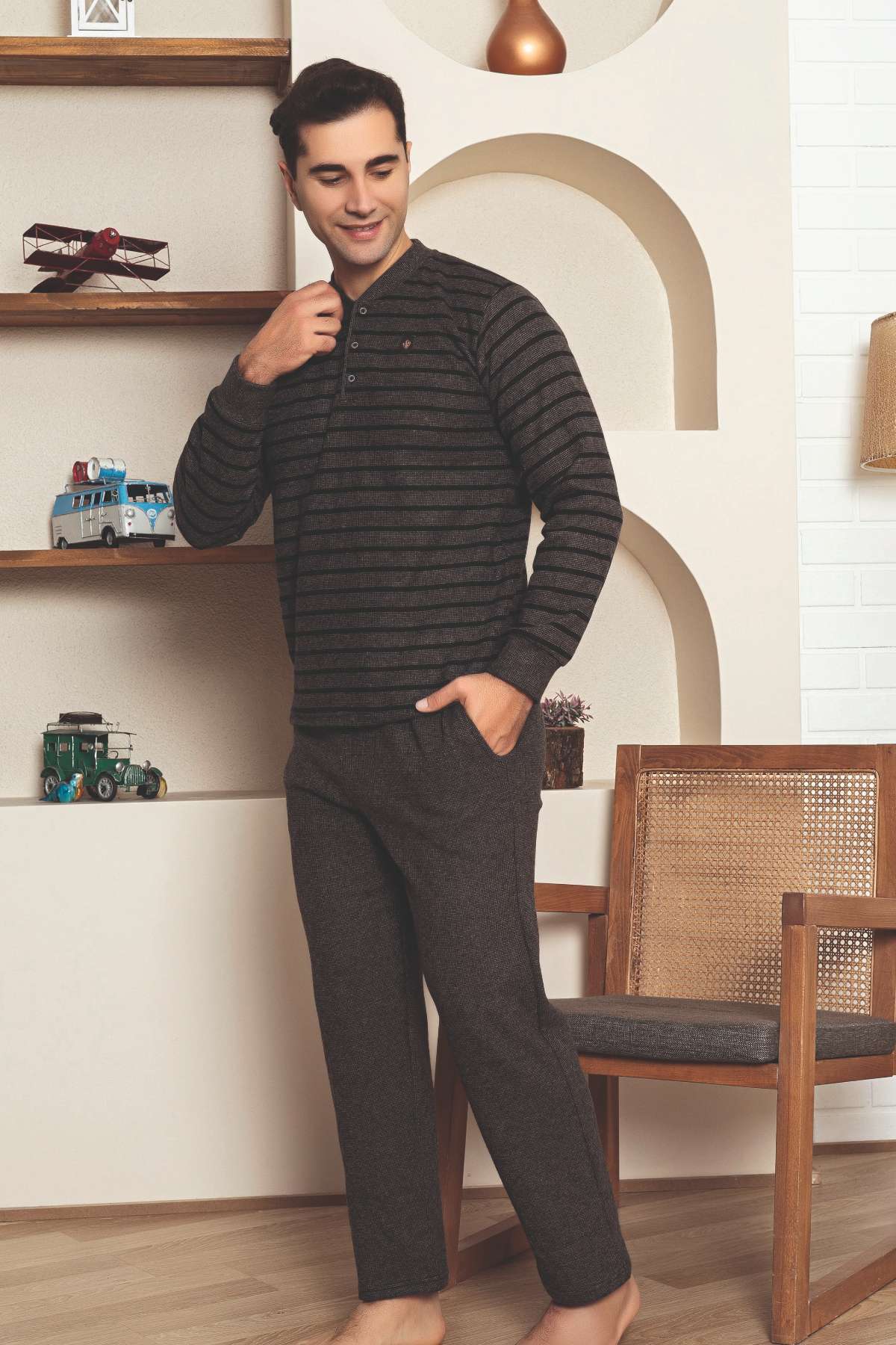 Erkek Eşofman Pijama Takımı - Kahverengi Kışlık Şardonlu Selanik Kumaş 1220UK