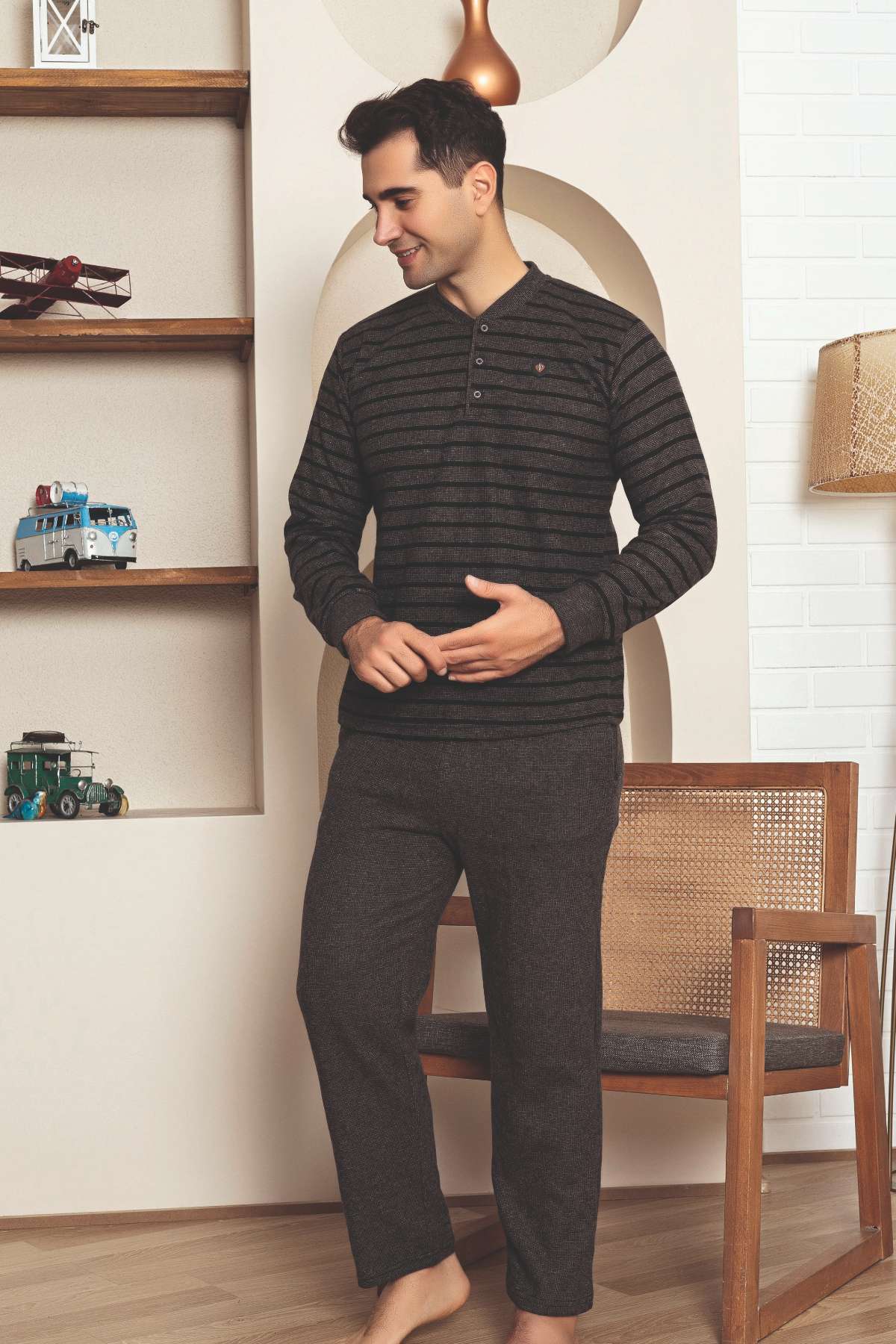 Erkek Eşofman Pijama Takımı - Kahverengi Kışlık Şardonlu Selanik Kumaş 1220UK