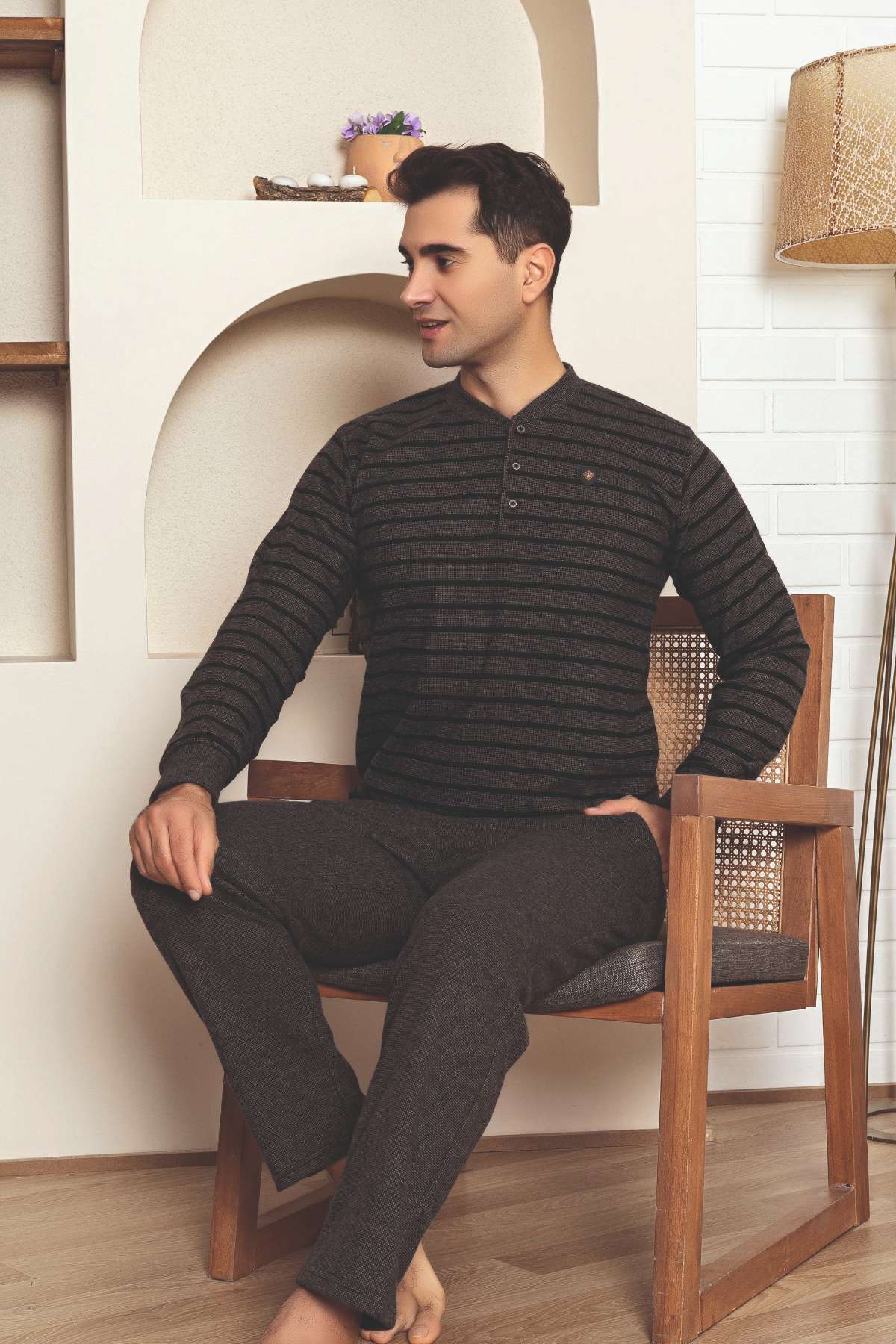 Erkek Eşofman Pijama Takımı - Kahverengi Kışlık Şardonlu Selanik Kumaş 1220UK