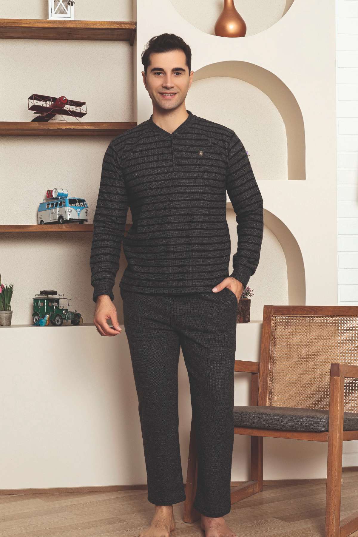 Erkek Eşofman Pijama Takımı - Füme Kışlık Şardonlu Selanik Kumaş 1220UK