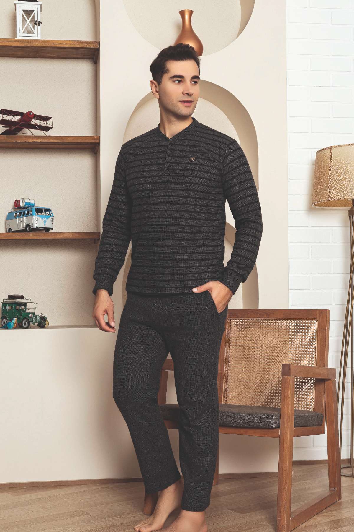 Erkek Eşofman Pijama Takımı - Füme Kışlık Şardonlu Selanik Kumaş 1220UK