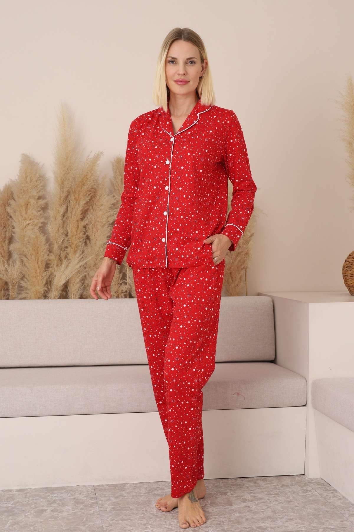 Kadın Pijama Takımı - Kırmızı Önden Düğmeli Uzun Kollu Penye 2769UY