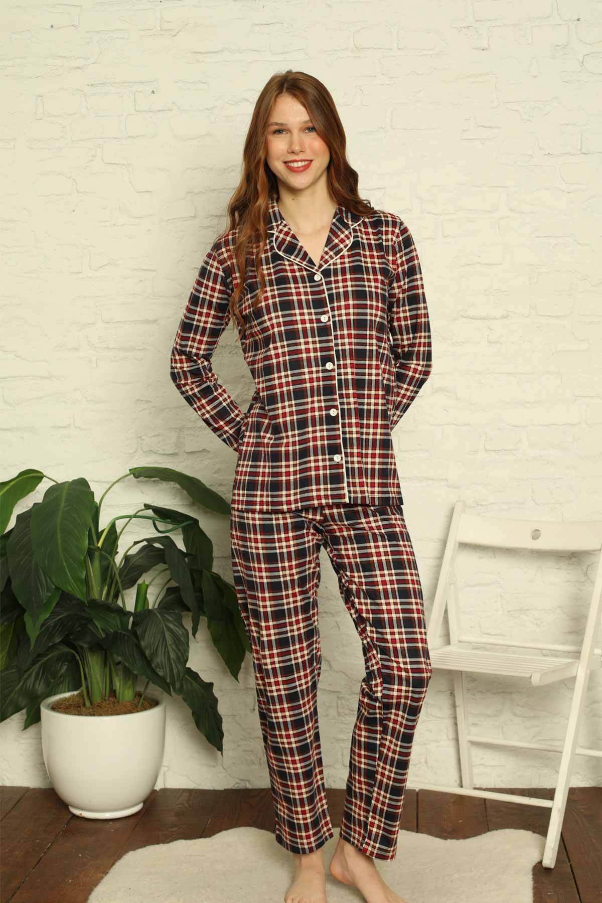 Bayan Pijama Takım - Kareli Önden Düğmeli  Penye Uzun Kollu 2699UY